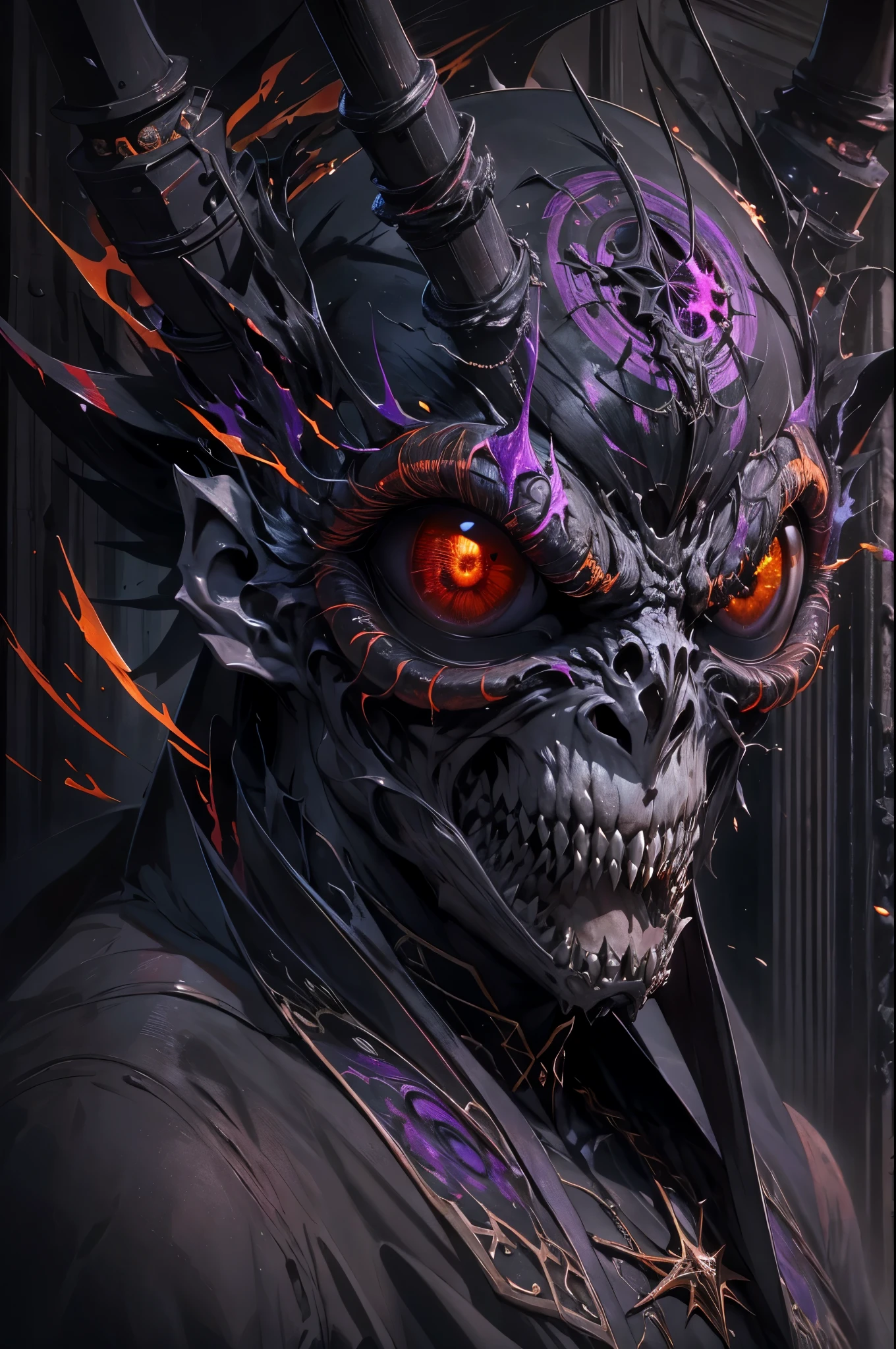 (absurdos, Altas Resoluciones, Ultra detallado, HDR), Obra maestra, La mejor calidad, Un hombre calvo sentado en Demon con un ojo gigante, en mirada arrogante, solamente, hombre rudo, demon eyeball, globo ocular gigante, asqueroso, Ala de demonio negro, cuerno de demonio, guapo, Ojos rojos, ojo brillante, black robe, Pendiente y accesorio, pecho desnudo, cara arrogante, cuerpo completo, magic vortex, chispa, remolino, Aura negra, un cielo negro y nublado, abismo, Antecedentes abstractos, desde un lado, buscar, sonrisa malvada
