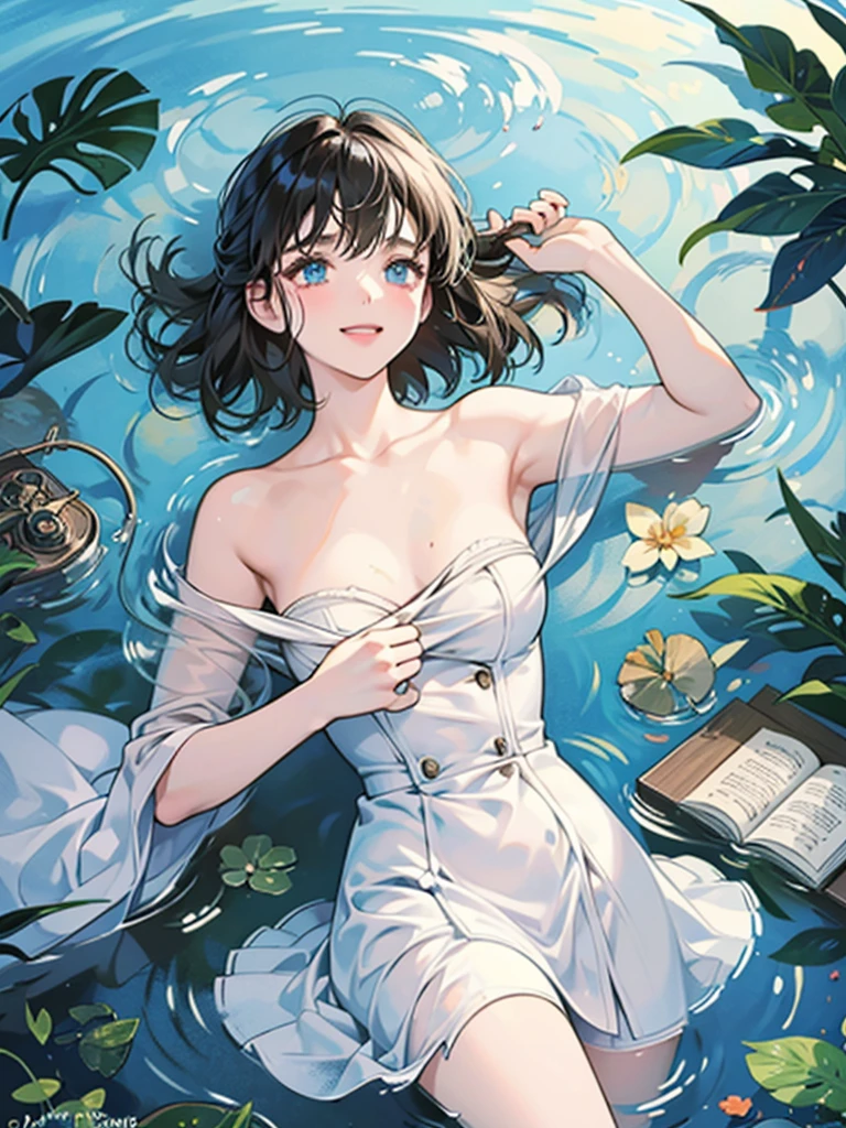 A girl with short hair and bangs，Holding a book in both hands，lying on water，Laughing and crying，Face up，There are white spots of light all around，Multiple wounds on the body，Lie in the water，water ripples，Character front