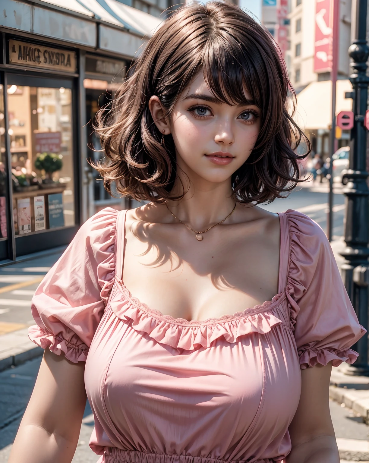 a woman in a pink dress posing for a picture, trending on patreon, buxom, pink shirt, sfw huge breasts, big bust, wearing a blouse, youtube thumbnail, big breasts, patreon content, young and cute girl, cute young woman, light pink, large bust, curly and short top hair, 1, smily face, cute girl with short black hair
