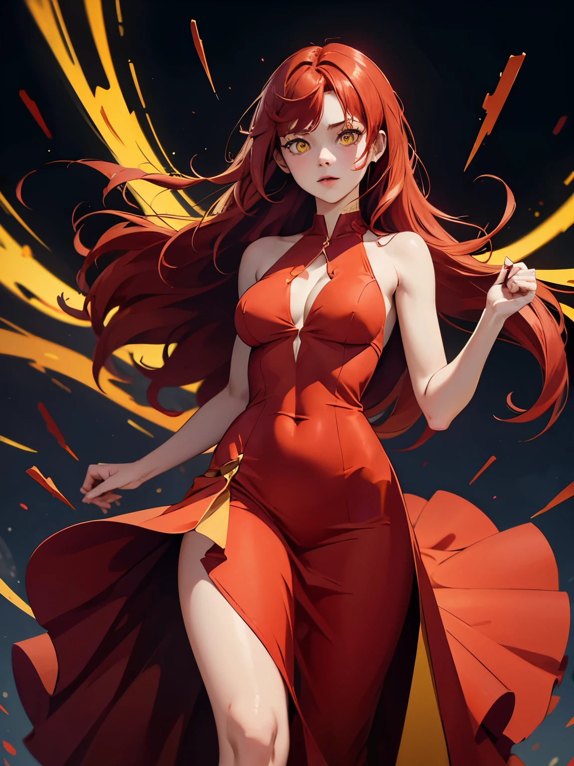 1 girl,red hairs, yellow eyes, red dress, cutout, belly cutout, side cutout, revealing dress