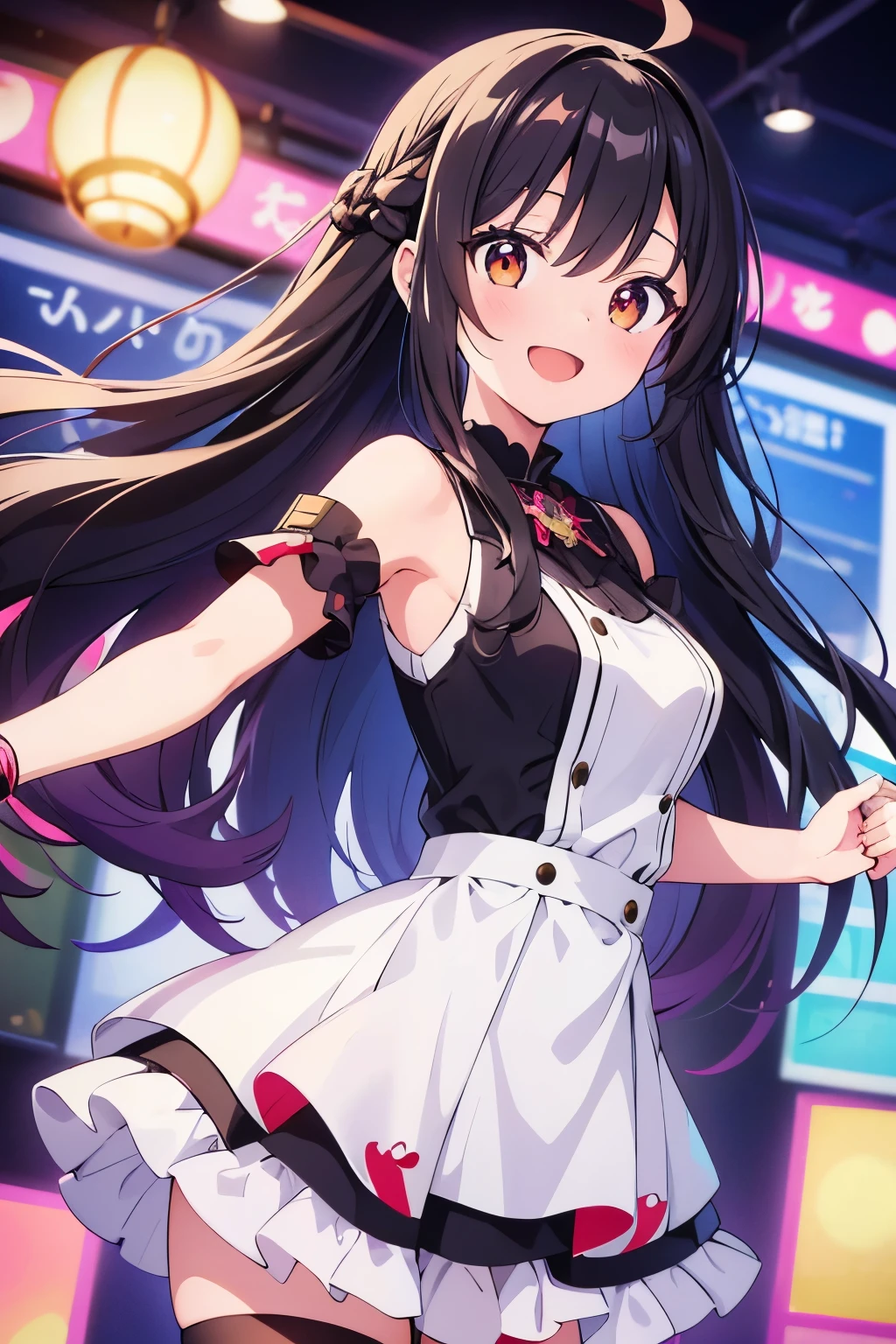 masterpiece, highest quality, {highest quality}, {{masterpiece}}, {High resolution}, girl, smile, anime style, Girl Design, portrait, anime images, long hair, black hair, straight-eyed, hair covering ears, open mouth, Romantic clothes, Radio Studio, Speak into the microphone, colorful, color