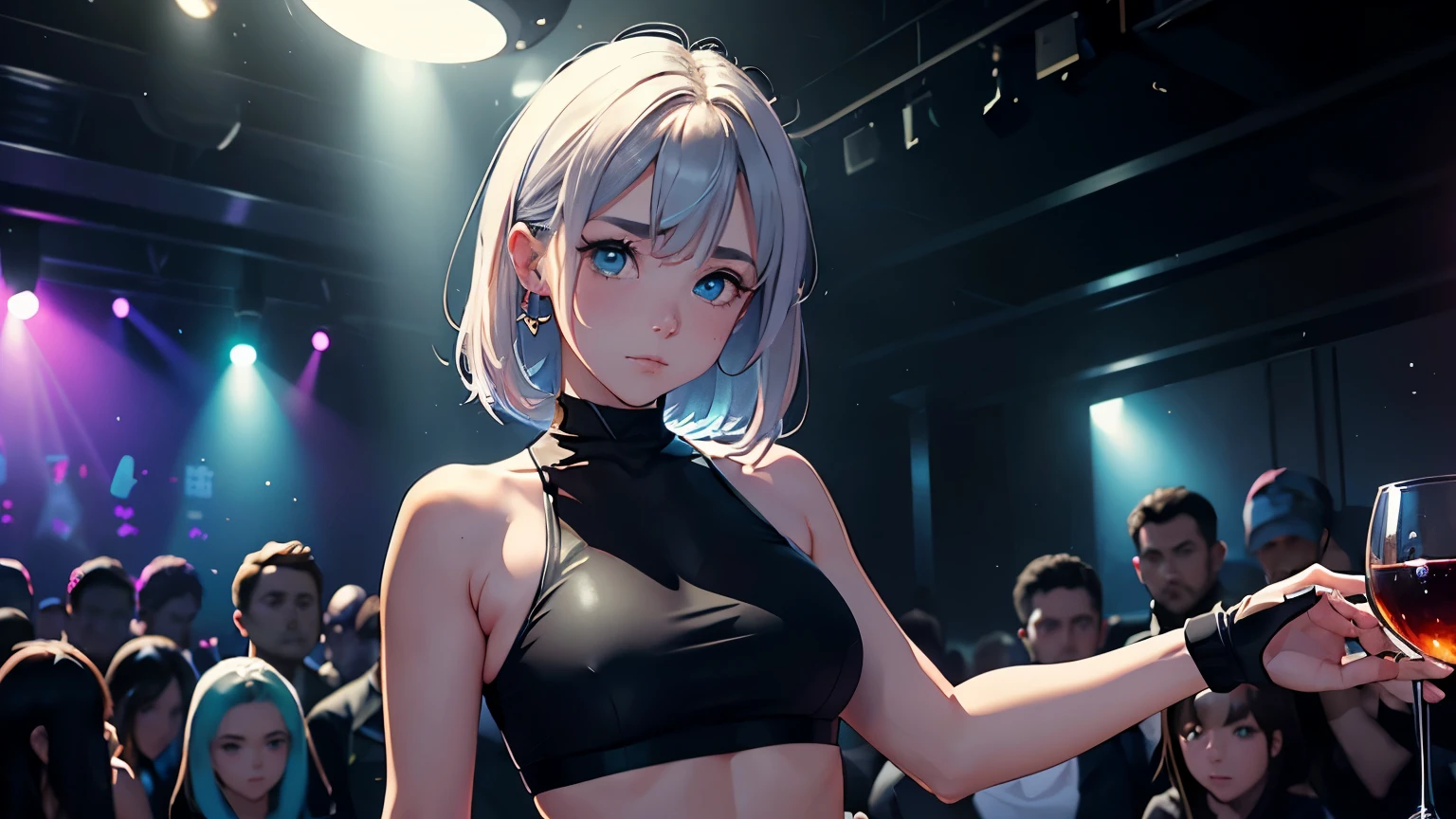 wide angle, 4K, A high resolution, Best quality at best, tmasterpiece, perfect colors, perfect shadow, perfect litthing, ((sportrait)), bright green eyes,With round lenses, The audience watched carefully, (s face: 1.2), Perfect female figure, ((90s crop top)), ((looking and shy at viewert)), (Perfect thick white eyebrows) Delicate fur, 详细s face, s the perfect shy face, At a in an underground dance club , (Drink a glass of wine standing), Comfortable background, perfect decoration, lighting atmosphere, ((Bonifasko lighting)), (The round lenses on his eyes)(詳細な目), Perfect studentม half body