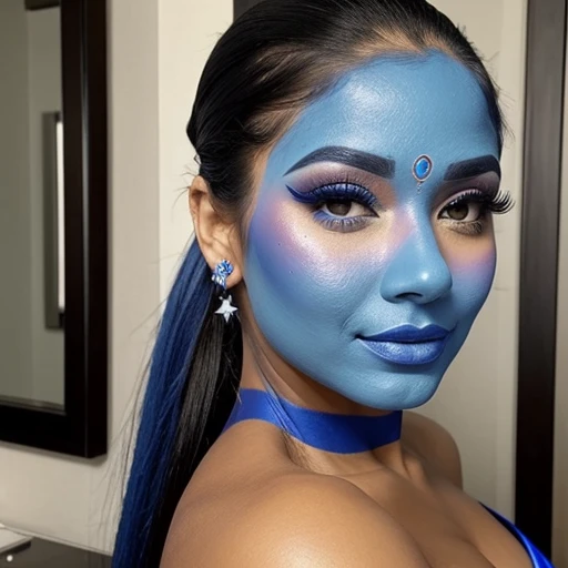 Sexy Latina woman,blue face makeup, ponytail,genie