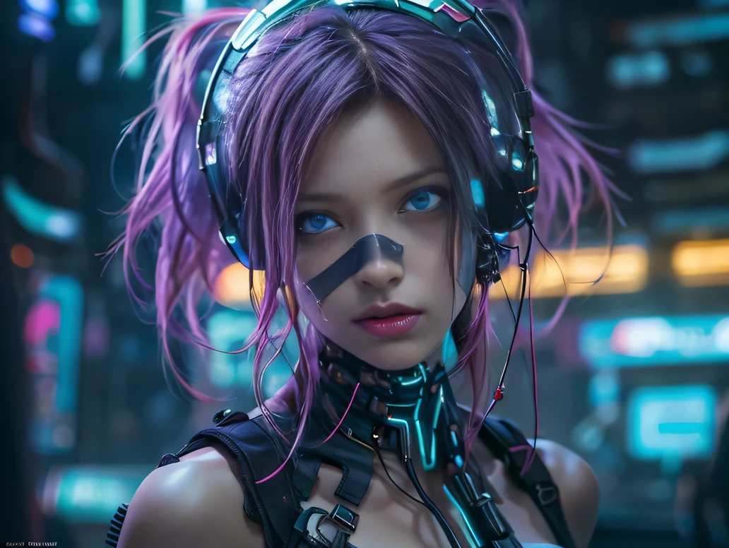 cyber punk Girl, lingerie, (beautiful and fine eyes:1.5), (highest quality, 8K, 32K, masterpiece:1.3), (ultra high resolution), (Photoreal:1.4), (RAW photo), perfect eyes, charming perfect figure, action pose:1.2, detailed cyberpunk fashion, Cyberpunk world, written boundary depth, blurred background, (cyberpunk room),