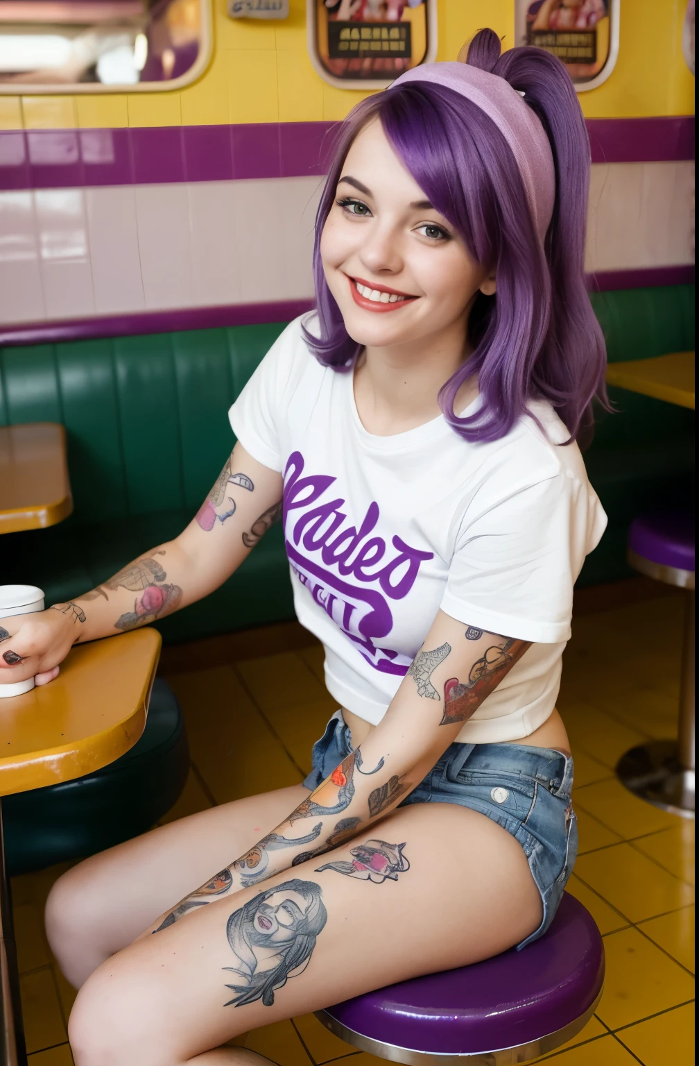 street photography photo of a young pretty naked sexy white erotic woman with purple hair, smile, getting fucked in the ass, anal ass, doggy happy, cute t-shirt, tattoos on her arms, sitting in a 50s diner 