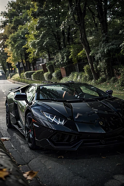 Lamborghini car, full car shot, landscape, leaves falling, blur background