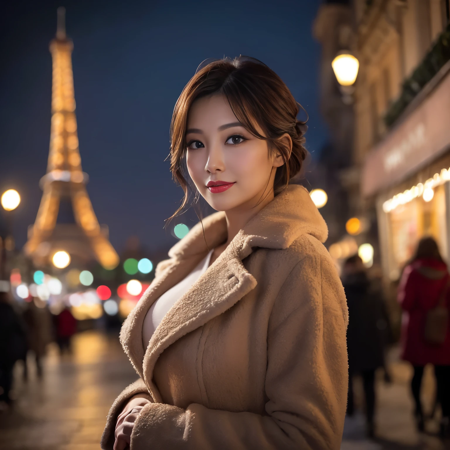 ((highest quality、8K resolution、master masterpiece、professional photography)), Photoreal, 1 Japanese female, Beautiful woman, (The most elegant and beautiful 45 year old mature woman:1.2), wrinkles around the eyes, slender,Paris city at Christmas night, Christmas night view of Paris,Neon Street,Sparkling neon lights,romantic paris night,smile shyly at me,Smile at me,look at me affectionately、(The most elegant warm luxury coat for midwinter:1.2)、big and full breasts,Winter clothes that emphasize your bust,(snowy christmas night:1.1),snowy night,Gorgeous illumination、Beautiful Eiffel Tower on the background、(The most luxurious giant Christmas tree:1.2)、Glamorous background,perfect makeupアップ,Dark red lipstick,perfect makeup,eye shadow、long eyelashes、clear background、great movie lighting、romantic lighting、(Gorgeous illumination:1.1)、(Paris Christmas skyline:1.1),(gorgeous christmas illuminations:1.1)、(very moody and romantic:1.1)、Ultra-high definition beautiful skin