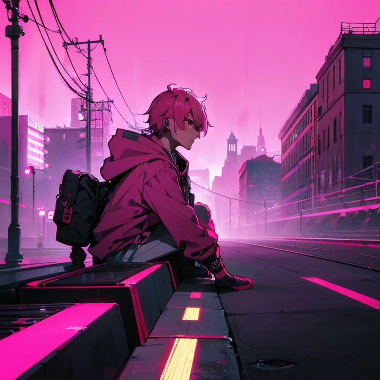(shortcut), (two block hair), (bright pink hair), (red eyes), (cool pose), (top quality), (masterpiece), (Super detailed), (oversized hoodie), (Street style), (neon), (modern city), (neonデイライト), (cinematic), (stylish), (High resolution), (hyper-detailed), (soft town), (Nightcore), (a handsome guy), (man wearing headphones), (natural appearance of the building), (IG studio anime style), (Low - Angle), (looking at the camera), (visualize)