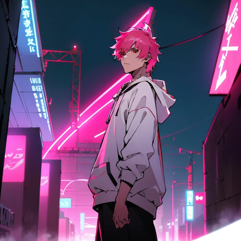 (shortcut), (two block hair), (bright pink hair), (red eyes), (cool pose), (top quality), (masterpiece), (Super detailed), (oversized hoodie), (Street style), (neon), (modern city), (neonデイライト), (cinematic), (stylish), (High resolution), (hyper-detailed), (soft town), (Nightcore), (a handsome guy), (man wearing headphones), (natural appearance of the building), (IG studio anime style), (Low - Angle), (looking at the camera), (visualize)