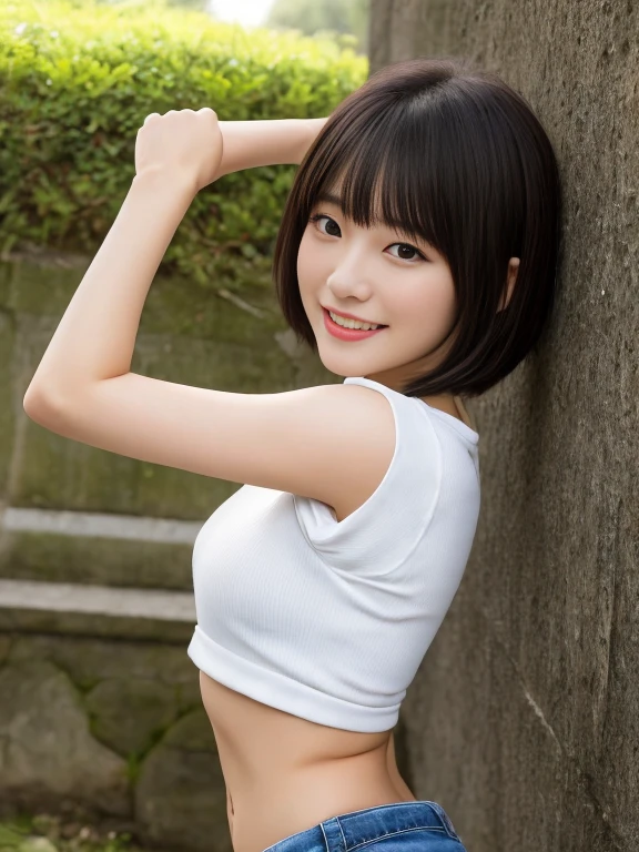 masutepiece, Best Quality, One girl, (Beautiful Girl:1.3), (:1.2), Very fine eye definition, (Symmetrical eyes:1.3), NSFW, (Cute sleeveless:1.3), Beautiful breasts, Brown eyes, Parted bangs, Brown hair, Upper teeth、Background outdoor