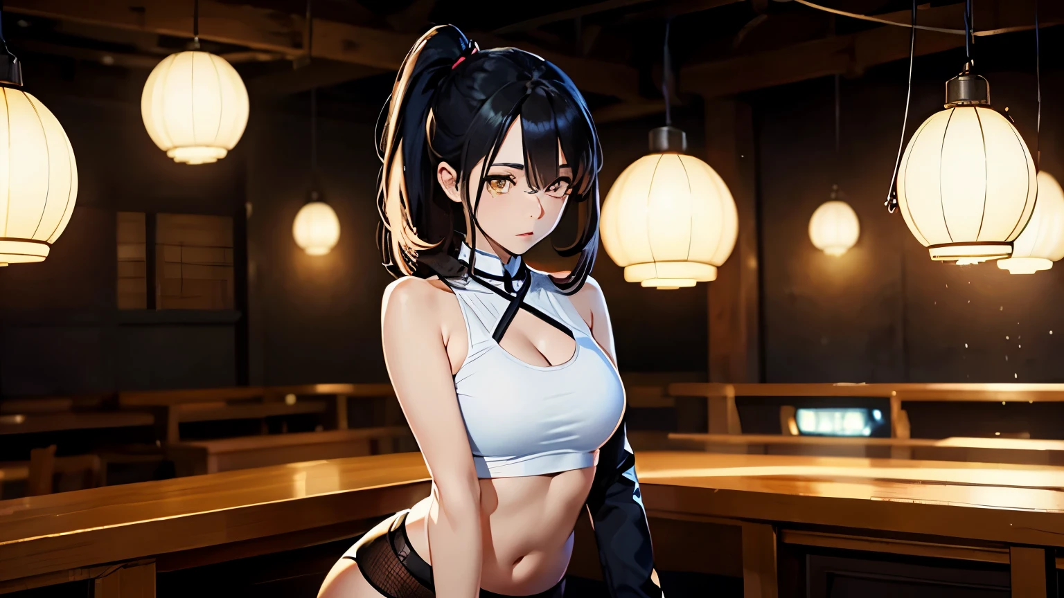 wide angle, 4K, A high resolution, Best quality at best, tmasterpiece, perfect colors, perfect shadow, perfect litthing, ((sportrait)), bright yellow eyes,With round lenses, The audience watched carefully, (s face: 1.2), Perfect female figure, ((90s crop top)), ((looking and shy at viewert)), (Perfect thick white eyebrows) Delicate fur, 详细s face, s the perfect shy face, At a in an underground dance club , (Drink a glass of wine standing), Comfortable background, perfect decoration, lighting atmosphere, ((Bonifasko lighting)), (The round lenses on his eyes)(詳細な目), Perfect studentม half body