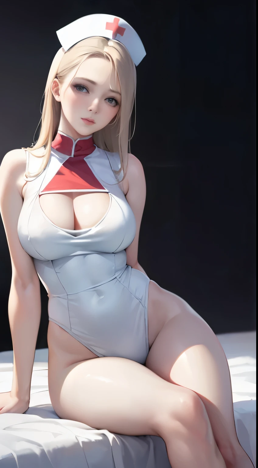 (best quality,4k,8k,highres,masterpiece:1.2),ultra-detailed,(realistic,photorealistic,photo-realistic:1.37),white lingerie-clad woman sitting on a bed, smooth and radiant fair skin, perfectly fitting white bodysuit ensemble, milky-white complexion, sakimichan, nurse girl, close-fitting nurse costume, dressed in white attire, semi-transparent figure, nurse, pale porcelain skin, fair and luminous skin, draped in translucent bedsheets