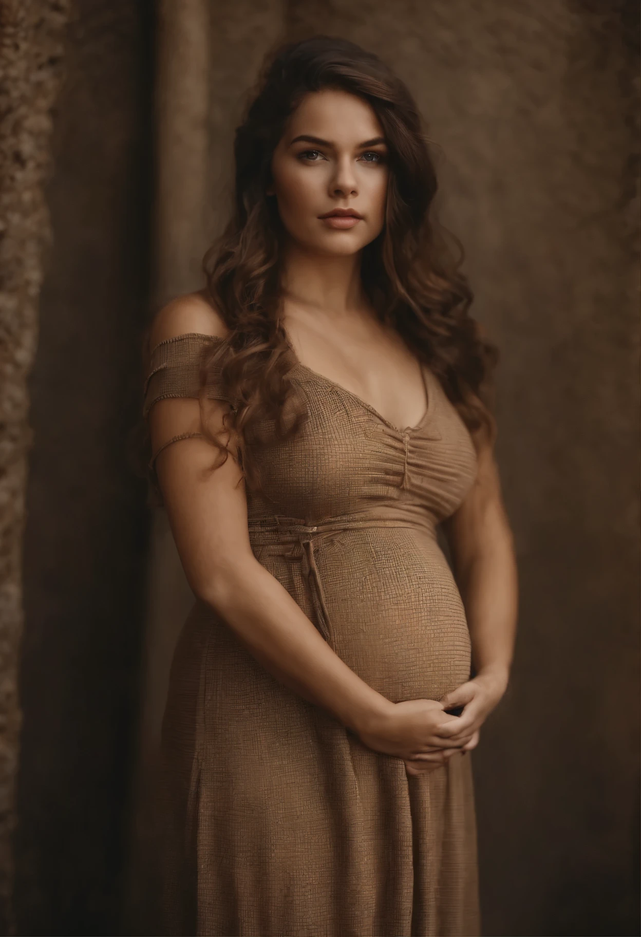 pregnant , autumn, in the style of dark beige and beige, grid-based, highly textured, soft, photo taken with provia, folk/naïve