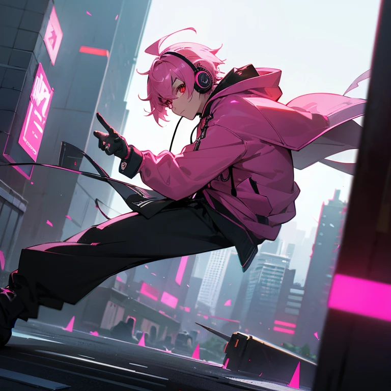 (shortcut), (two block hair), (bright pink hair), (red eyes), (cool pose), (top quality), (masterpiece), (Super detailed), (oversized hoodie), (Street style), (neon), (modern city), (neonデイライト), (cinematic), (stylish), (High resolution), (hyper-detailed), (soft town), (Nightcore), (a handsome guy), (man wearing headphones), (natural appearance of the building), (IG studio anime style), (Low - Angle), (looking at the camera), (visualize)