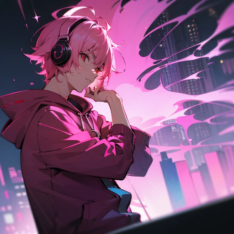 (shortcut), (two block hair), (bright pink hair), (red eyes), (cool pose), (top quality), (masterpiece), (Super detailed), (oversized hoodie), (Street style), (neon), (modern city), (neonデイライト), (cinematic), (stylish), (High resolution), (hyper-detailed), (soft town), (Nightcore), (a handsome guy), (man wearing headphones), (natural appearance of the building), (IG studio anime style), (Low - Angle), (looking at the camera), (visualize)