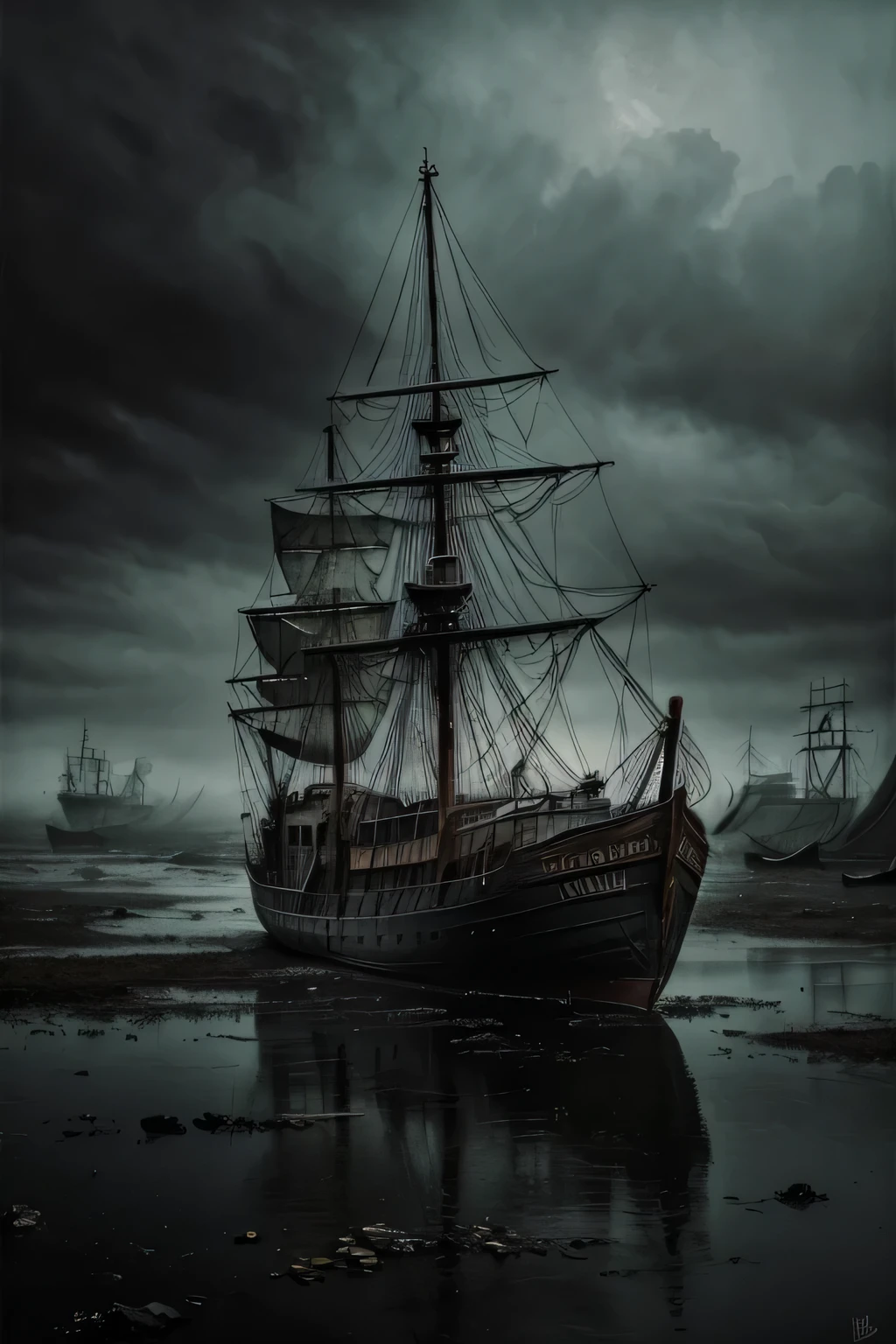 A bizarrely twisted satellite schooner sails eerily across a hazy horizon., Captured in an exquisite oil painting. Every brush stroke reveals a gothic roughness., depicting the decaying metal frame of a ship,
covered with rust and oil stains. torn sails, once bright and proud, now hanging in tatters, their darkened edges reflect years of neglect. Monochrome palette adds a dark atmosphere.,
The image is dominated by gloomy shades of black and gray. Despite its desolation, The artistry and attention to detail of this painting transports viewers into a fascinating world, where beauty and melancholy merge..