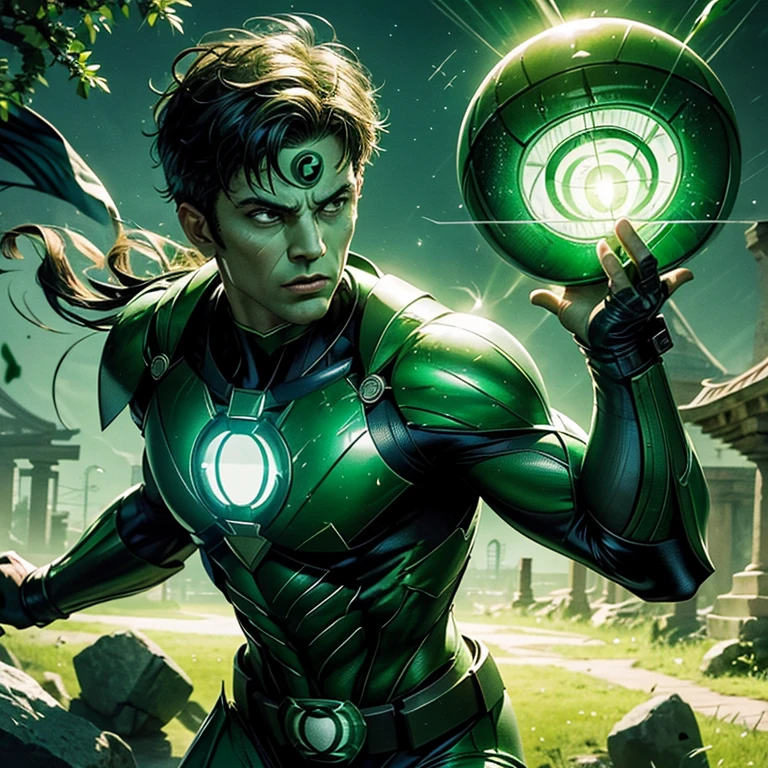 Masterpiece, Best Quality, Spartan Green Lantern:
(Top Quality, 4K), Superhero, One vigorous Green Lantern, Authentic Spartan armor, Shimmering green energy aura, Dynamic pose with lantern in hand, Ancient Greek cityscape background, Columns and temples, Olive trees and greenery, Sunlight filtering through, Realistic yet stylized, Animated comic, Ultra-fine detailed armor texture, Veins popping under Green Lantern's muscular skin, Detailed face revealing intense determination, Intricate energy patterns around the lantern, Ultra-detailed, Vibrant color palette with splashes of