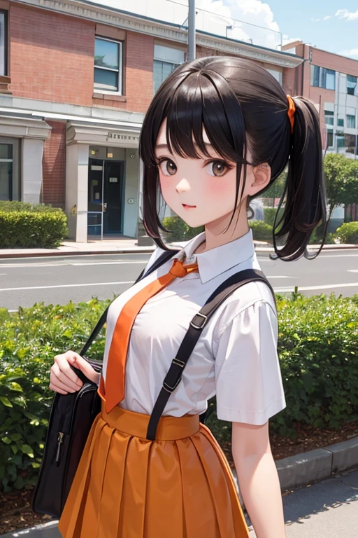 girl with pigtails、primary school student、Orange skirt、Best of Orange、Orange tie、short skirt、white blouse、Composition of the upper body、Turn around、cute、The background is filled with white、No building、No landscape、small breasts、red school bag、remove background