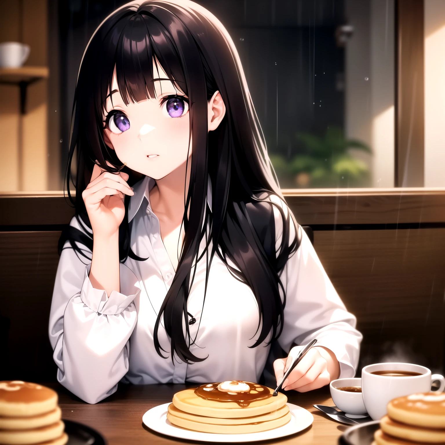 (A superb exquisite Chitanda Eru), ((mature face)), purple eyes, long black hair, natural straight hair, straight bangs, solo, [Small_breasts: large_breasts: 0.5], normal breasts, (having breakfast at coffee shop, pancake, rainy day, winter clothes), extremely delicate, peerless beautiful girl, dreamy quality, exaggerated facial features, solid color, delicate face, bright lips, slender waist, straight curves, soft lights and shadows, super fine, 8K HD, (masterpiece:1.4), (finely detailed beautiful eyes: 1.2)