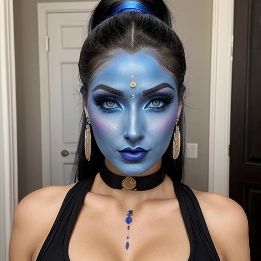 Sexy goth woman,blue face makeup, ponytail,genie