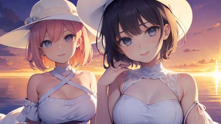 (best quality,4k,highres,masterpiece:1.2),(beautiful detailed eyes,2girls,extremely detailed eyes and face),short hair,floating hair, looking back,smiling,blue eyes,white dress,busty,top half,body shot,wide-angle lens, (Uyuni Salt Flats),(sunrise, clouds),backlit, purple sky, yellow sky, gradient sky, hand resting on hat