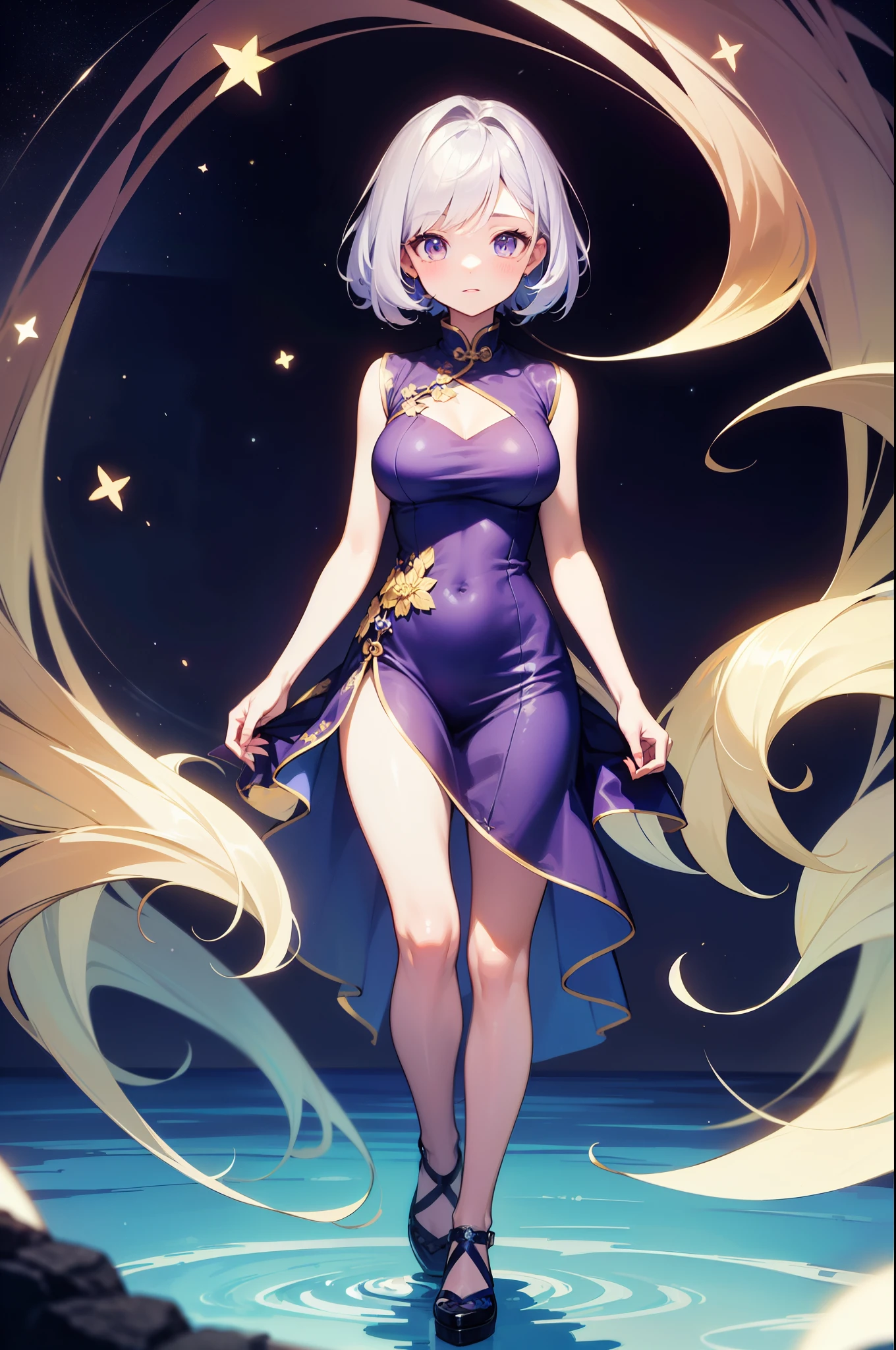 (masterpiece)、(highest quality)、((Super detailed))、(super delicate)、cute、Pastel colors hair、beautiful breasts、Gorgeous、fantastic sea of stars、Golden, silver and purple cheongsam