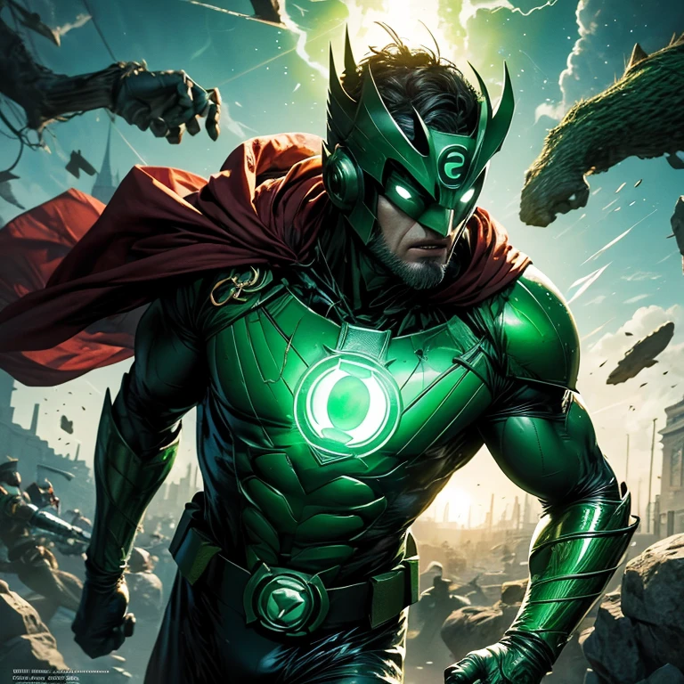 Masterpiece, Best Quality, Spartan Green Lantern:
(Top Quality, 4K), Superhero, One vigorous Green Lantern, Authentic Spartan armor, Shimmering green energy aura, Dynamic pose with lantern in hand, Ancient Greek cityscape background, Columns and temples, Olive trees and greenery, Sunlight filtering through, Realistic yet stylized, Animated comic, Ultra-fine detailed armor texture, Veins popping under Green Lantern's muscular skin, Detailed face revealing intense determination, Intricate energy patterns around the lantern, Ultra-detailed, Vibrant color palette with splashes of