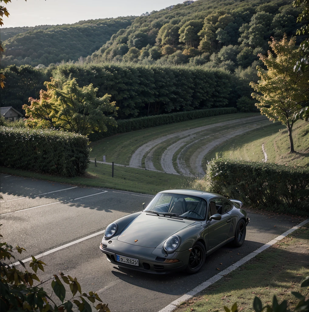 Porsche, full car shot, landscape, leaves falling, blur background