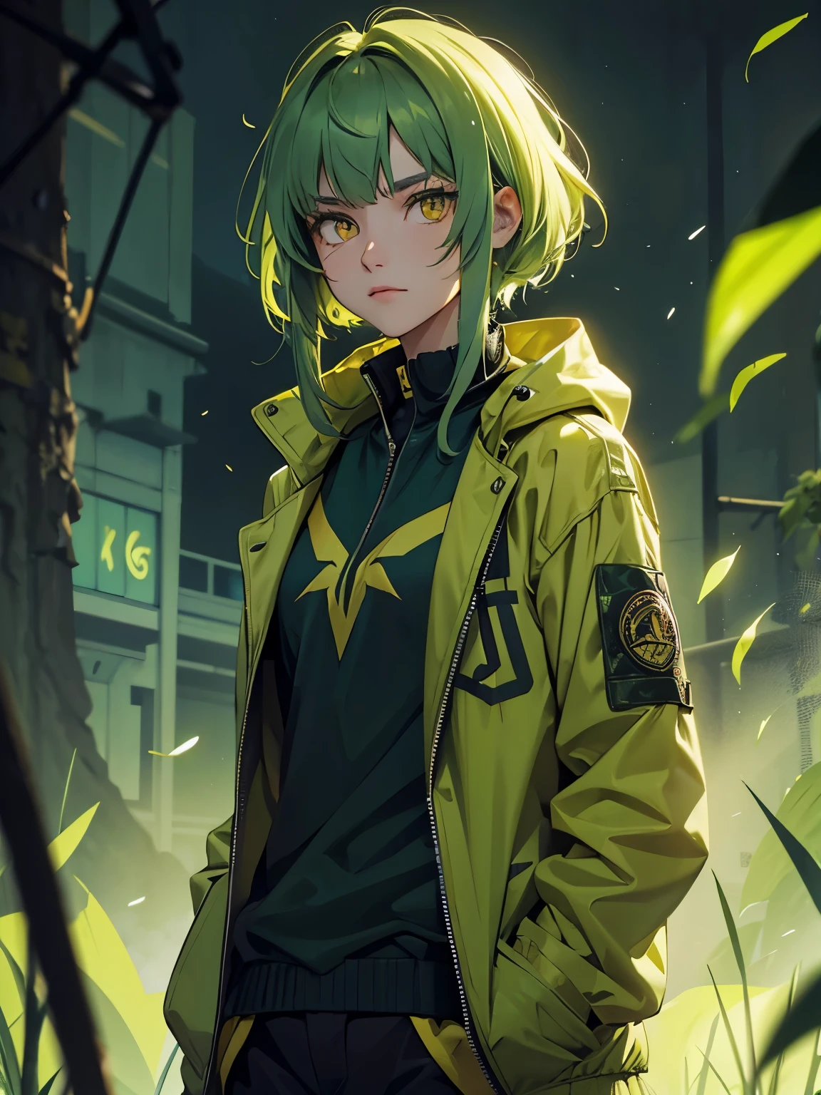 Green hairs, yellow eyes, green jacket