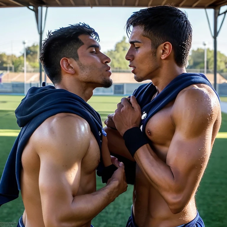 2 Capitanes musculosos de futbol americano inconscientes y sin camisa, masturbated and kissed on the mouth by another young man smaller and thinner than them, Bulto grande, mostrando pectorales y abdominales completos,wet dreams, Great erection, besos, porno gay, fondled