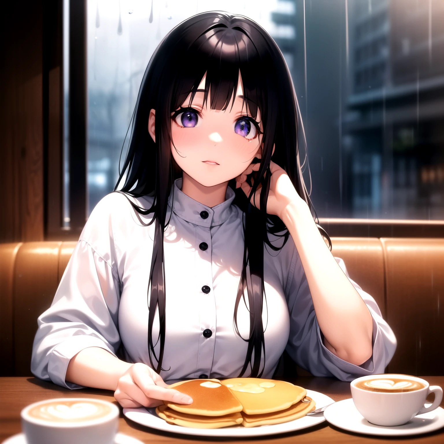 (A superb exquisite Chitanda Eru), ((mature face)), purple eyes, long black hair, natural straight hair, straight bangs, solo, [Small_breasts: large_breasts: 0.5], normal breasts, ((having breakfast at coffee shop, pancake, rainy day, winter clothes)), extremely delicate, peerless beautiful girl, dreamy quality, exaggerated facial features, solid color, delicate face, bright lips, slender waist, straight curves, soft lights and shadows, super fine, 8K HD, (masterpiece:1.4), (finely detailed beautiful eyes: 1.2)