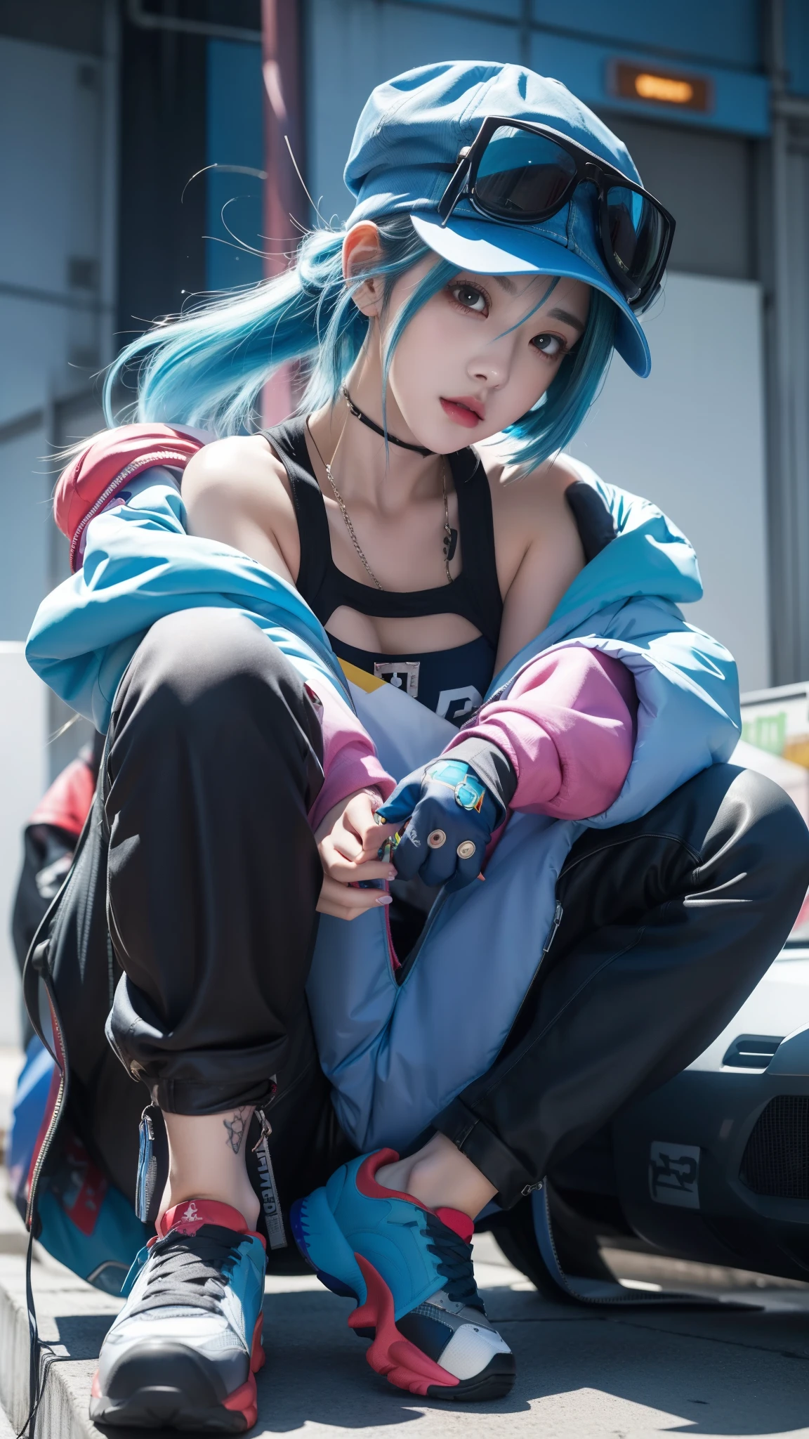 anime girl with blue hair and blue cap sitting on a box, anime style 4 k, 2 d anime style, anime cyberpunk art, cyberpunk anime girl, digital cyberpunk anime art, high quality anime artstyle, artwork in the style of guweiz, e-girl, e - girl, style anime, digital cyberpunk - anime art, anime character, rossdraws cartoon vibrant