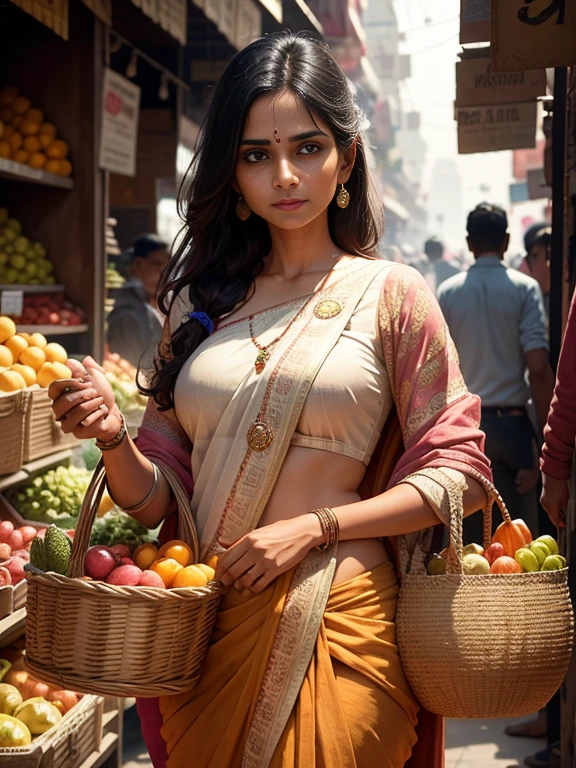 1Indian woman in sari, slight smile, in the bazaar in Delhi, carries a basket of vegetables, hyper realisitc, real-photo, ultra details, perfect composition, perfect anatomy, perfect lighting 