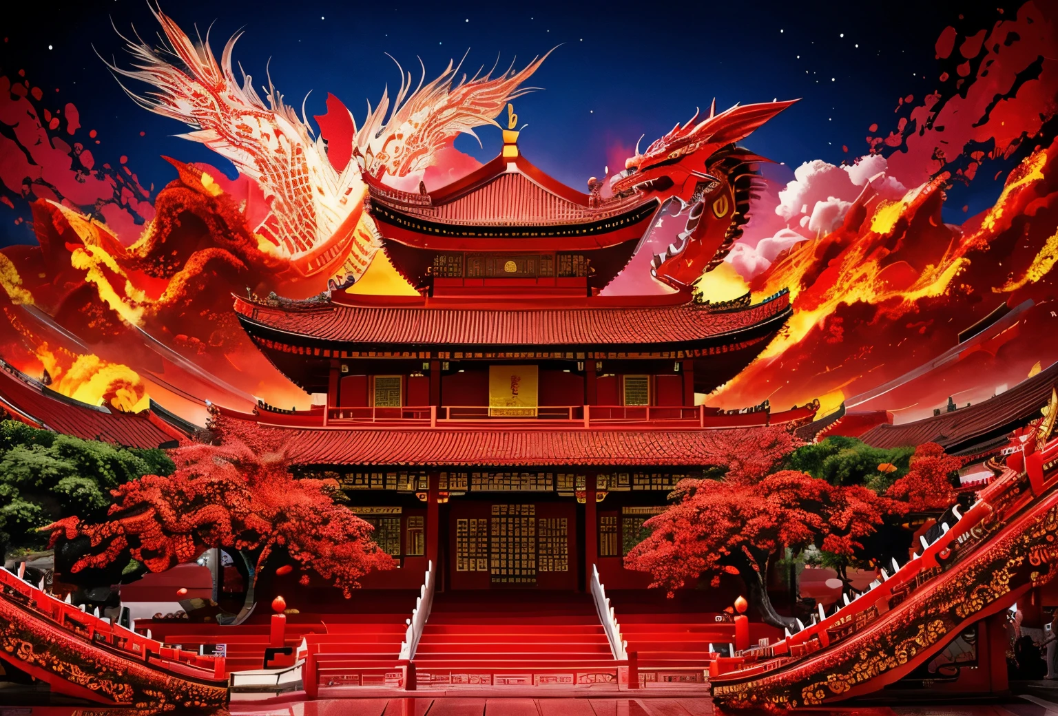 A surprising Chinese dragon，new year atmosphere，Cloud painting style，New Year red，Chinese cultural elements，Unique monster illustration style，vibrant postmodernism，Gold art digital illustration-ar 3:4-up-beta style expressiveness-niji 5，(（Juxian Pavilion）)WordArt