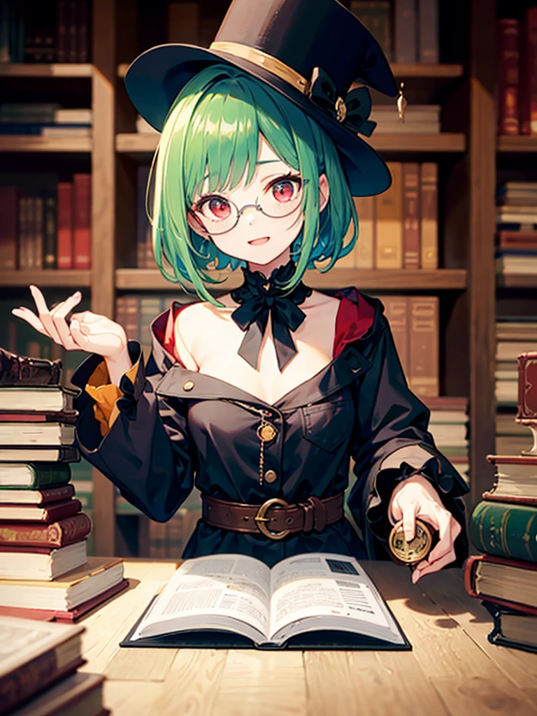 (((masterpiece、Highest image quality、highest quality、highly detailed unity 8kwallpaper)))、((Illustration of one girl、upper body))、(((beautiful girl)))、(librarian)、(Emerald green hair、messy hair、sidelocks:1.2、red eyes、crazy smile)、(((flat chest)))、(((monocle)))、pocket watch、(((Black top hat、Black tuxedo、belt)))、great medieval library、Large amount of books