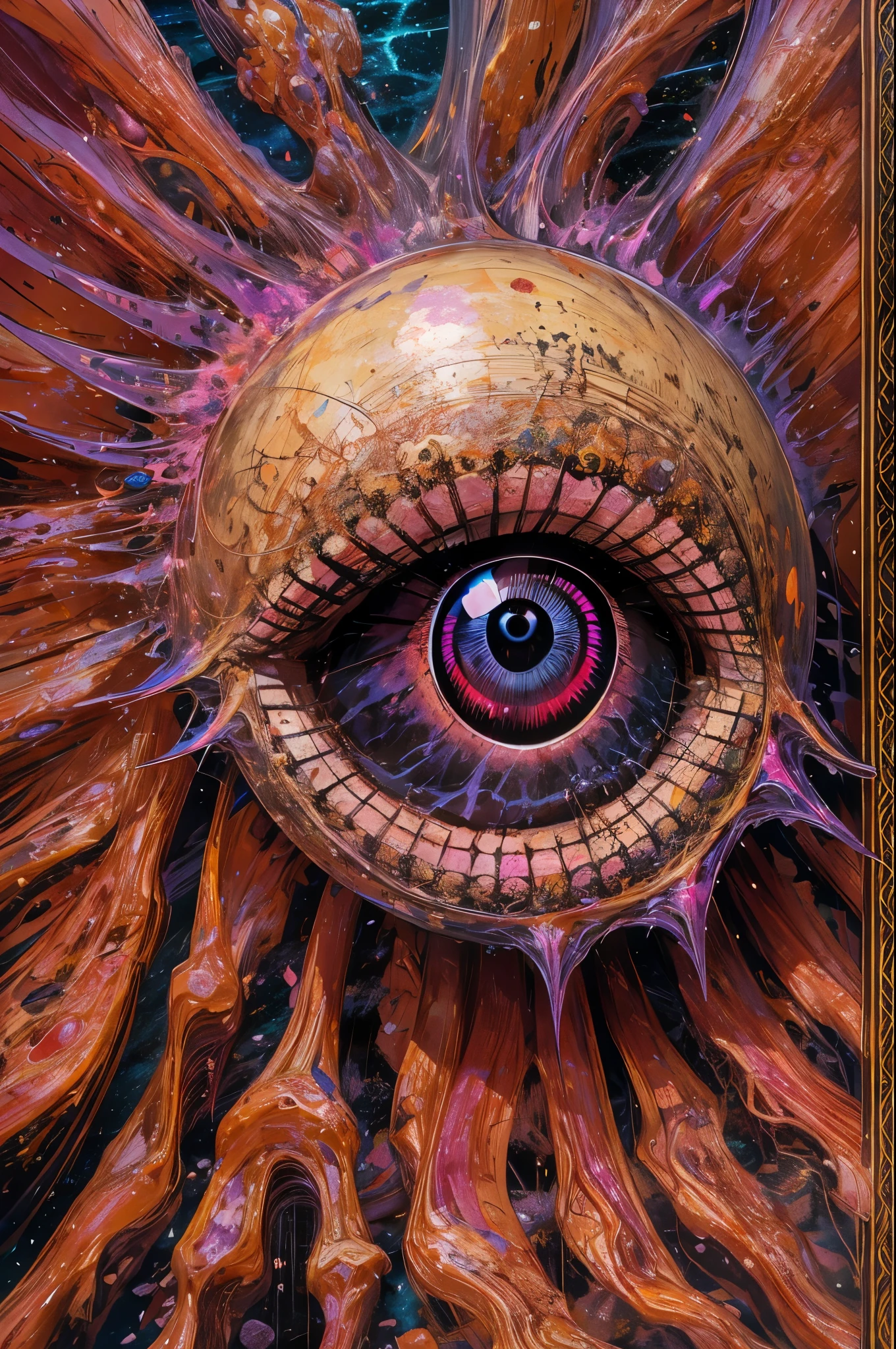 (absurdos, Altas Resoluciones, Ultra detallado, HDR), Obra maestra, La mejor calidad, Un hombre calvo sentado en Demon con un ojo gigante, en mirada arrogante, solamente, hombre rudo, demon eyeball, globo ocular gigante, asqueroso, Ala de demonio negro, cuerno de demonio, guapo, Ojos rojos, ojo brillante, black robe, Pendiente y accesorio, pecho desnudo, cara arrogante, cuerpo completo, magic vortex, chispa, remolino, Aura negra, un cielo negro y nublado, abismo, Antecedentes abstractos, desde un lado, buscar, sonrisa malvada
