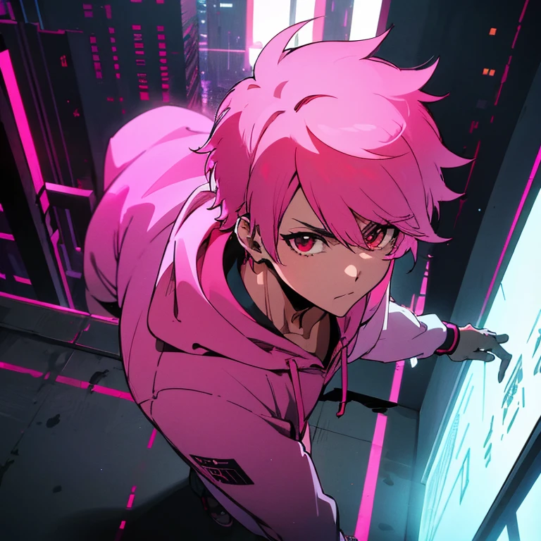 (shortcut), (two block hair), (bright pink hair), (red eyes), (cool pose), (top quality), (masterpiece), (Super detailed), (oversized hoodie), (Street style), (neon), (modern city), (neonデイライト), (cinematic), (stylish), (High resolution), (hyper-detailed), (soft town), (Nightcore), (a handsome guy), (man wearing headphones), (natural appearance of the building), (IG studio anime style), (Low - Angle), (looking at the camera), (visualize)