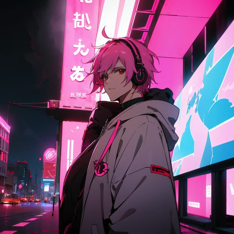 (shortcut), (two block hair), (bright pink hair), (red eyes), (cool pose), (top quality), (masterpiece), (Super detailed), (oversized hoodie), (Street style), (neon), (modern city), (neonデイライト), (cinematic), (stylish), (High resolution), (hyper-detailed), (soft town), (Nightcore), (a handsome guy), (man wearing headphones), (natural appearance of the building), (IG studio anime style), (Low - Angle), (looking at the camera), (visualize)