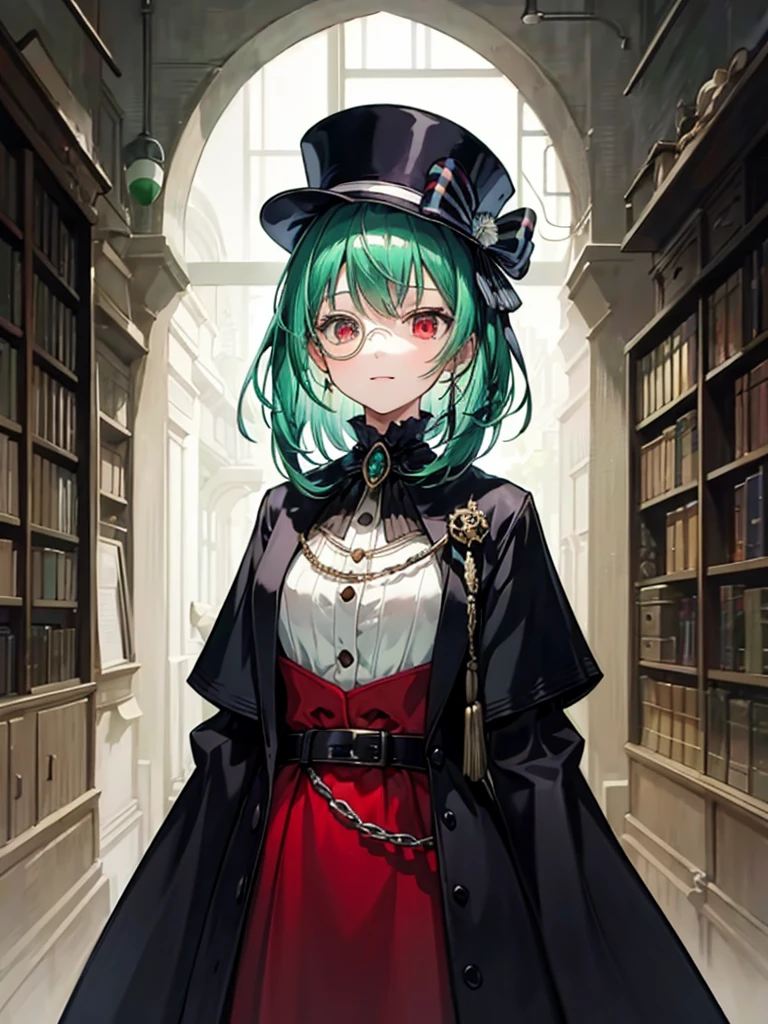 （（（masterpiece、Highest image quality、highest quality、highly detailed unity 8ｋwallpaper）））、（（Illustration of one girl、upper body））、（（（beautiful girl）））、（librarian）、（Emerald green hair、messy hair、sidelocks：1.2、red eyes、crazy smile）、（（（flat chest）））、（（（monocle）））、pocket watch、（（（Black top hat、Black tuxedo、belt）））、great medieval library、Large amount of books