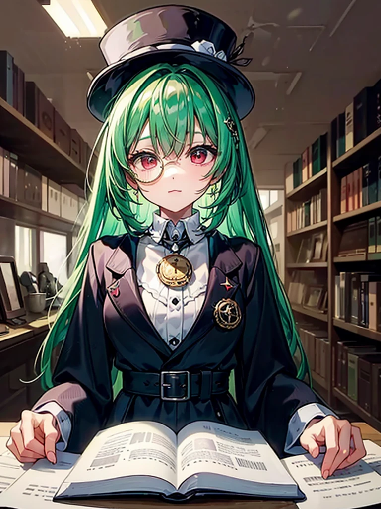 (((masterpiece、Highest image quality、highest quality、highly detailed unity 8kwallpaper)))、((Illustration of one girl、upper body))、(((beautiful girl)))、(librarian)、(Emerald green hair、messy hair、sidelocks:1.2、red eyes、crazy smile)、(((flat chest)))、(((monocle)))、pocket watch、(((Black top hat、Black tuxedo、belt)))、great medieval library、Large amount of books