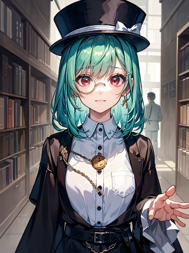(((masterpiece、Highest image quality、highest quality、highly detailed unity 8kwallpaper)))、((Illustration of one girl、upper body))、(((beautiful girl)))、(librarian)、(Emerald green hair、messy hair、sidelocks:1.2、red eyes、crazy smile)、(((flat chest)))、(((monocle)))、pocket watch、(((Black top hat、Black tuxedo、belt)))、great medieval library、Large amount of books
