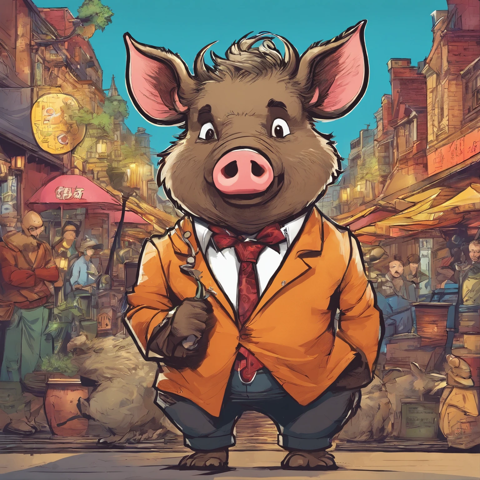 Anthropomorphic cute little boar、high resolution、suit figure、male、Pointing、The whole body is shown、Black leather shoes、