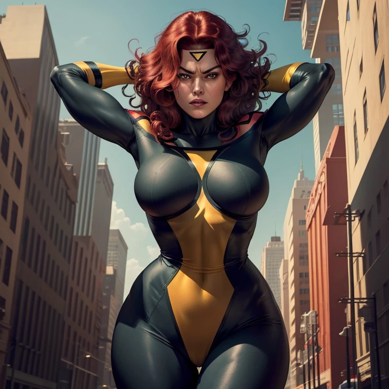 Spider-Woman, a bold and agile heroine around 30 years old, flaunts her curvaceous figure with ample bosom. Her jet-black costume perfectly complements her long, curly red hair that cascades down her broad shoulders. Her piercing green eyes are focused and determined, as she stands before a mirror, adjusting her iconic web-shooters on her wrists.