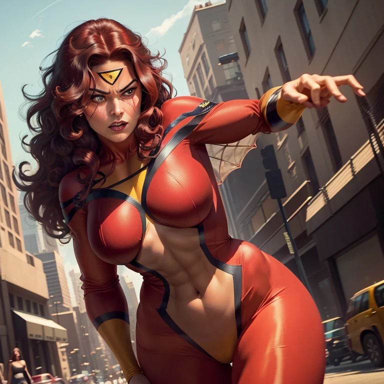 Spider-Woman, a bold and agile heroine around 30 years old, flaunts her curvaceous figure with ample bosom. Her jet-black costume perfectly complements her long, curly red hair that cascades down her broad shoulders. Her piercing green eyes are focused and determined, as she stands before a mirror, adjusting her iconic web-shooters on her wrists.