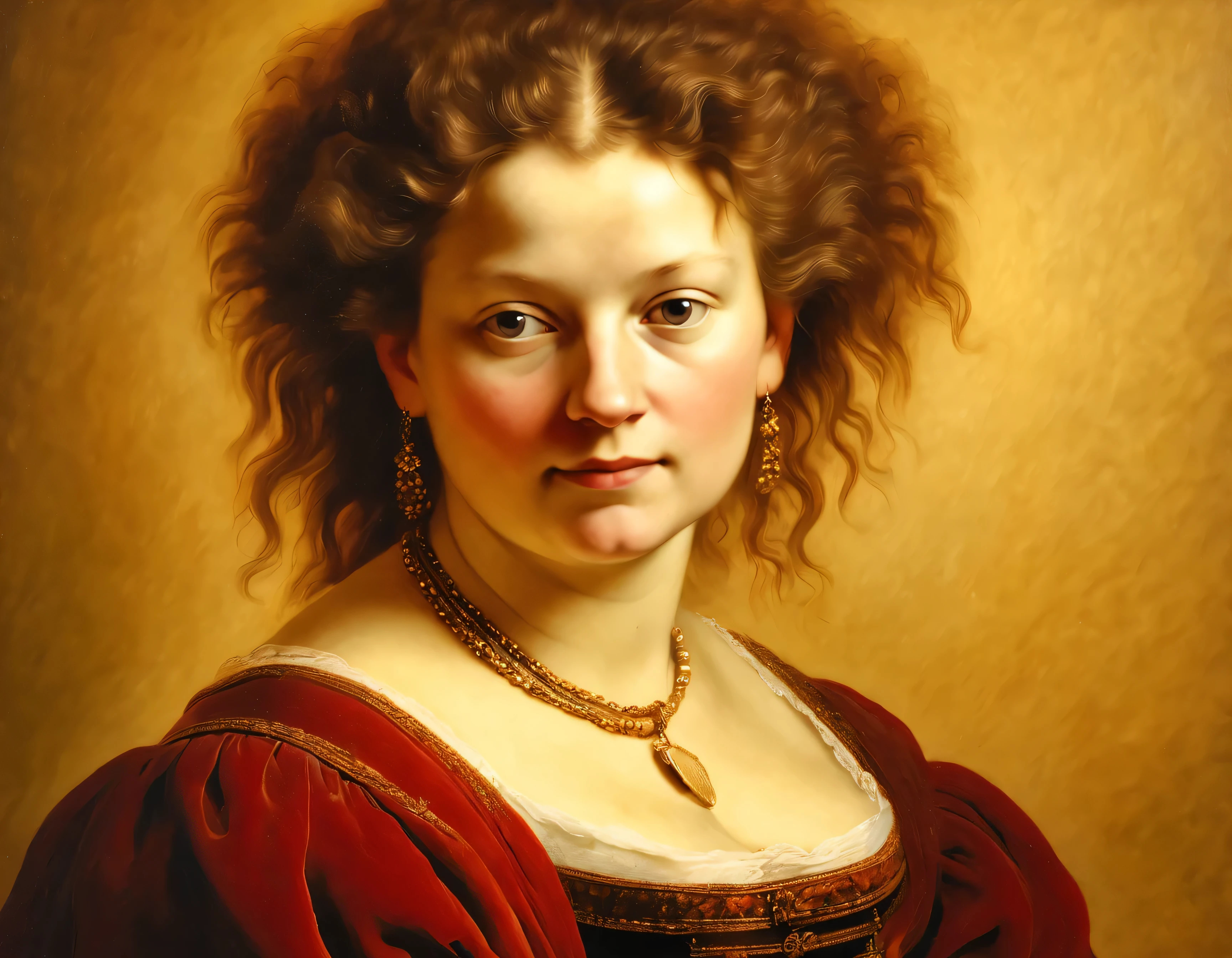 Oil painting in the style of Rembrandt, Detailgenauigkeit, Frau mit langem braunen Haar, Kette am Hals, Goldkette, rotes Kleid, dunkler Hintergrund, cabin