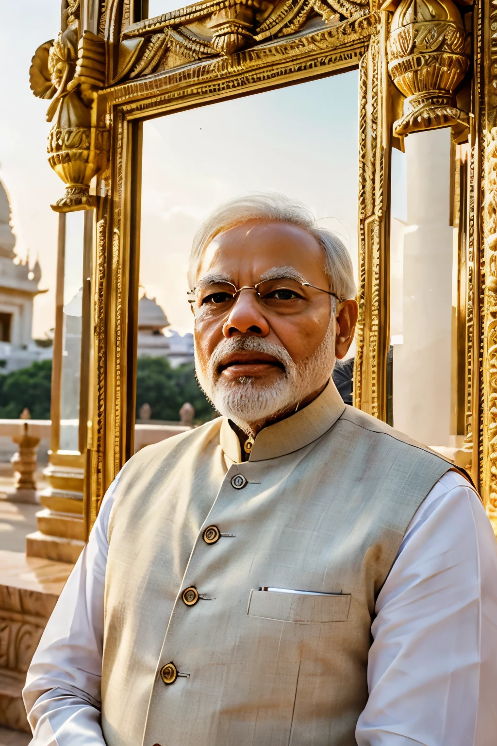Narendra Modi, in intricately detailed attire, proudly inches forward to inaugurate the Ram Mandir, a highly anticipated architectural masterpiece. The sun sets behind him, casting a warm, golden glow over the sacred site, 60 years in the making. His determined expression, sharp in focus, reflects the historic significance of the moment. The fine lines etched on his face, a testament to his leadership and unwavering commitment, captures the devoted gaze of countless Indians. His eyes, bright and expressive, mirror the collective hope and joy of the nation. This 4k, photorealistic image was captured using a Canon camera with an 85mm lens,