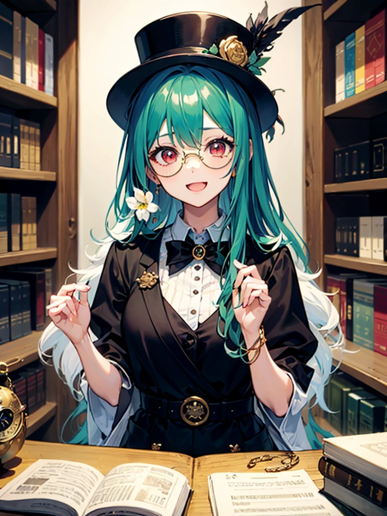 （（（masterpiece、Highest image quality、highest quality、highly detailed unity 8ｋwallpaper）））、（（Illustration of one girl、upper body））、（（（beautiful girl）））、（librarian）、（Emerald green hair、messy hair、sidelocks：1.2、red eyes、crazy smile）、（（（flat chest）））、（（（monocle）））、pocket watch、（（（Black top hat、Black tuxedo、belt）））、great medieval library、Large amount of books