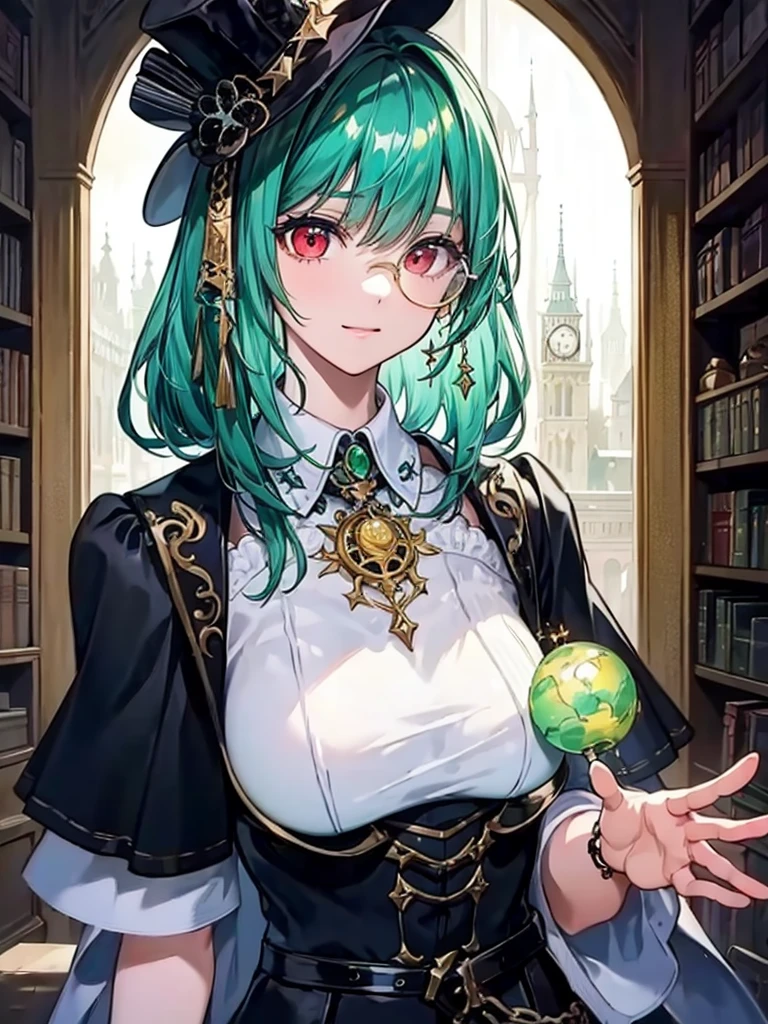 （（（masterpiece、Highest image quality、highest quality、highly detailed unity 8ｋwallpaper）））、（（Illustration of one girl、upper body））、（（（beautiful girl）））、（librarian）、（Emerald green hair、messy hair、sidelocks：1.2、red eyes、crazy smile）、（（（flat chest）））、（（（monocle）））、pocket watch、（（（Black top hat、Black tuxedo、belt）））、great medieval library、Large amount of books