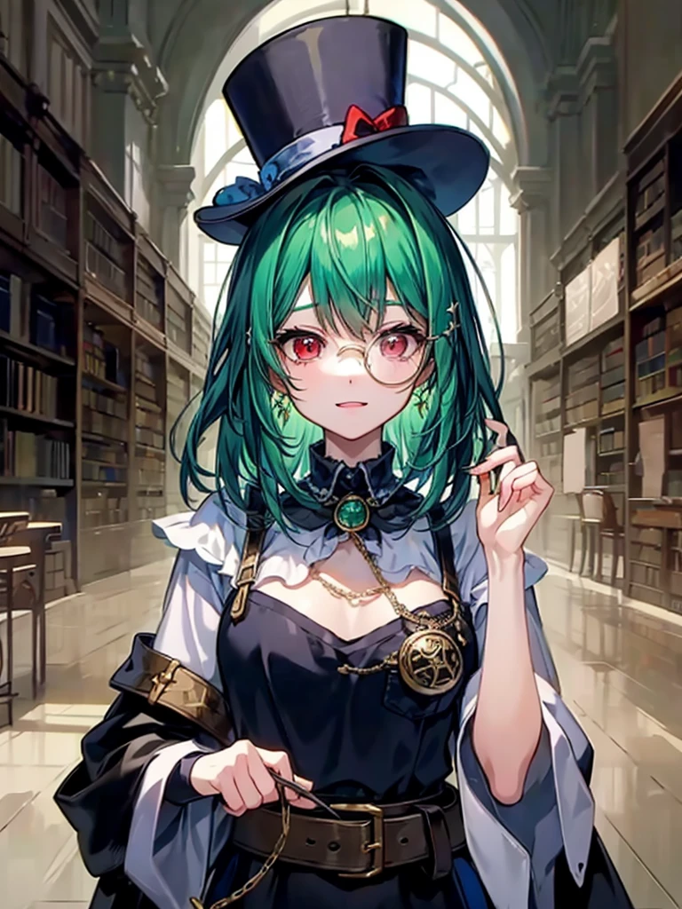 （（（masterpiece、Highest image quality、highest quality、highly detailed unity 8ｋwallpaper）））、（（Illustration of one girl、upper body））、（（（beautiful girl）））、（librarian）、（Emerald green hair、messy hair、sidelocks：1.2、red eyes、crazy smile）、（（（flat chest）））、（（（monocle）））、pocket watch、（（（Black top hat、Black tuxedo、belt）））、great medieval library、Large amount of books