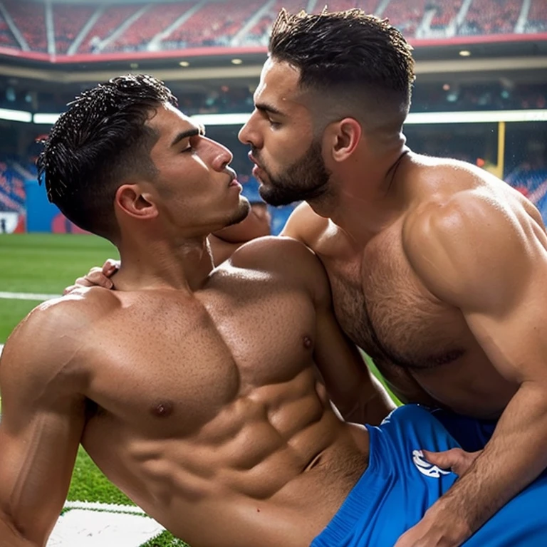 2 Capitanes musculosos de futbol americano hipnotizados y sin camisa, masturbated and kissed on the mouth by another smaller and thinner young man, Bulto grande, mostrando pectorales y abdominales completos,wet dreams, Great erection, besos, porno gay, fondled